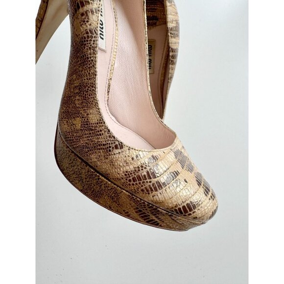 MIU MIU Beige Gold Brown Snakeskin Leather Round Toe Platform Pumps, Size 35.5 - Picture 4 of 16